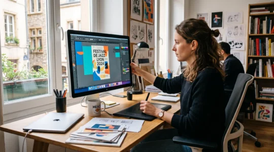 Une infographiste utilise un stylet et une tablette graphique pour créer une affiche sur un logiciel de création graphique dans un studio de design.